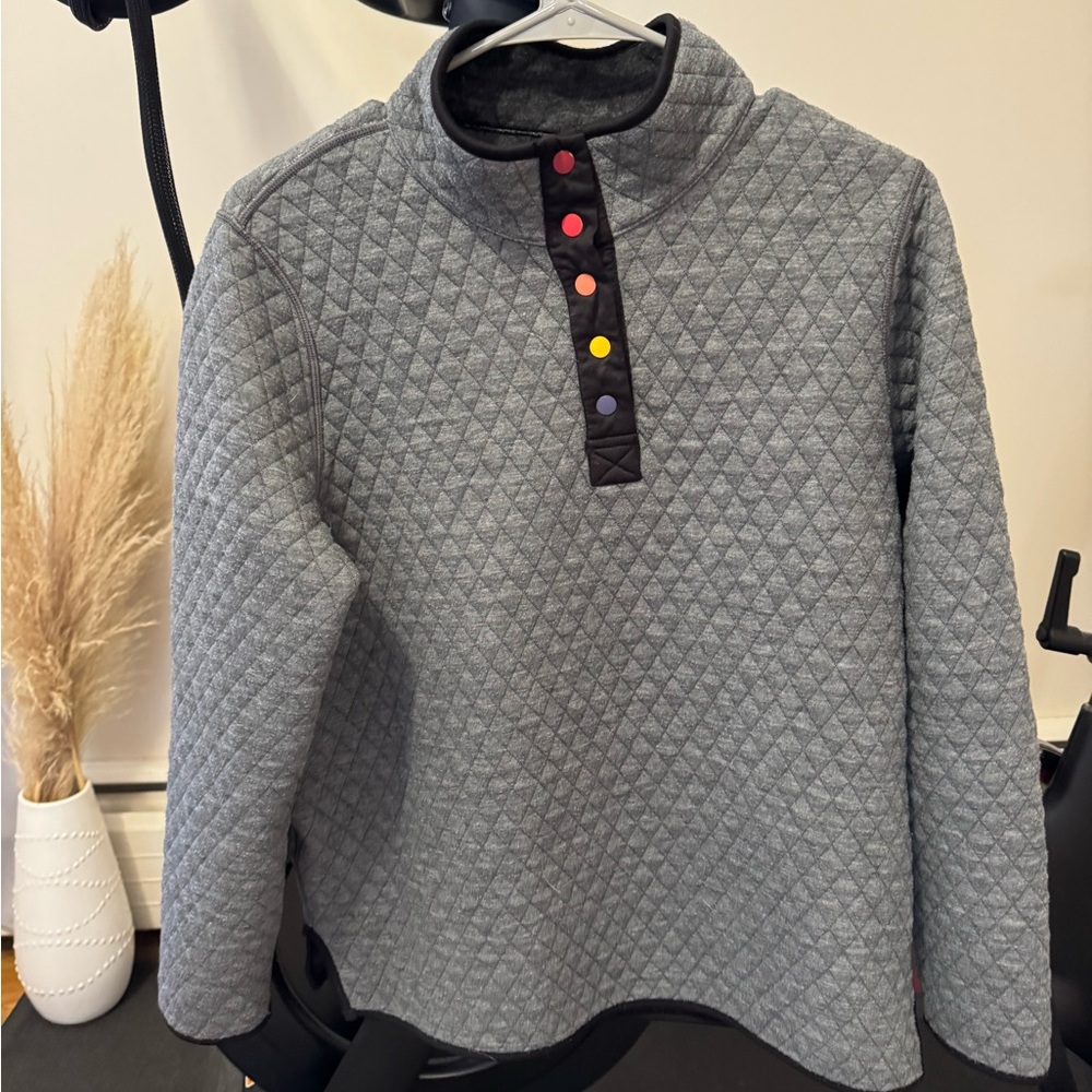 Gray Quilted Pullover with Colorful Buttons